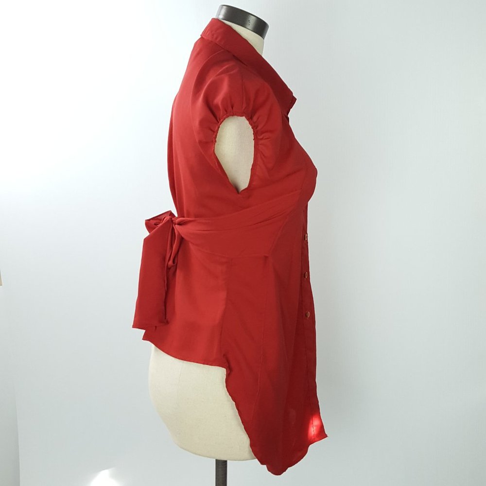 Bow Tie High Low Assymmetrical Blouse Red